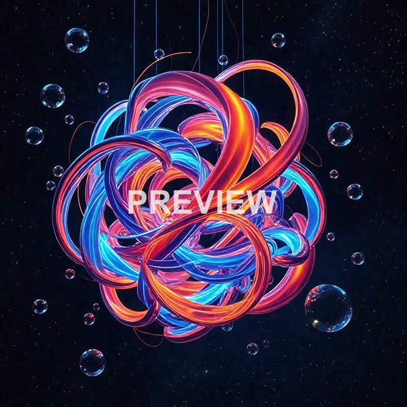 A vibrant, abstract digital artwork features intertwined glowing ribbons in shades of orange, blue, and pink floating in space with small transparent bubbles surrounding them.